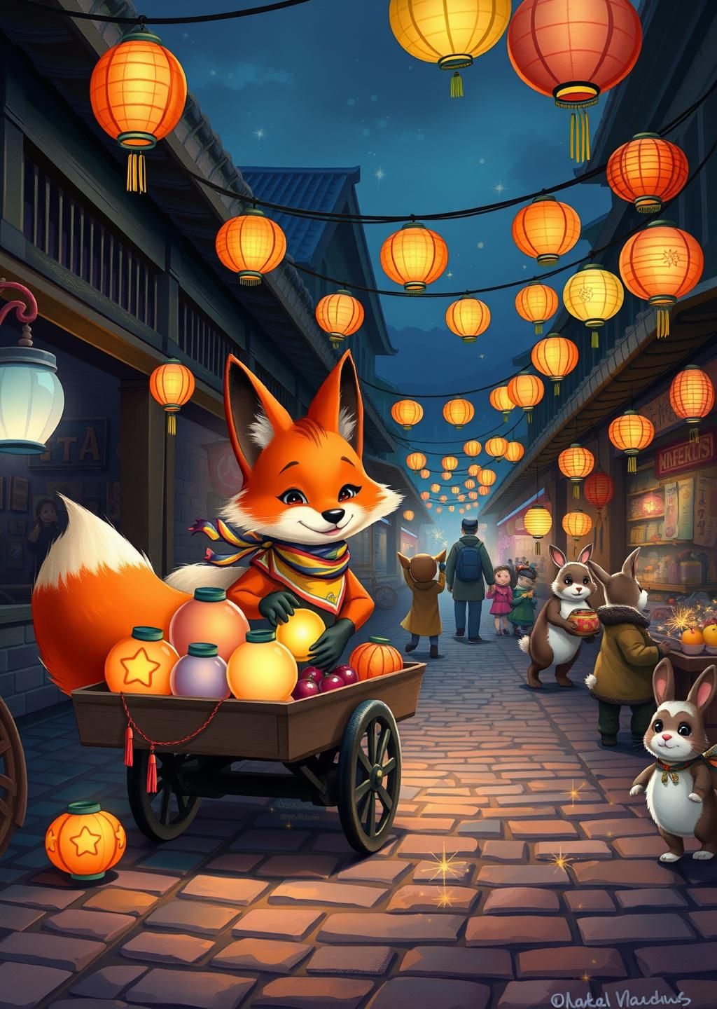 Magical Fox Night Market Lantern Wallpaper