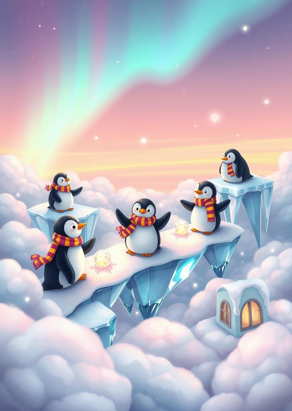 Baby Penguins Cloud Snowball Fight Wallpaper