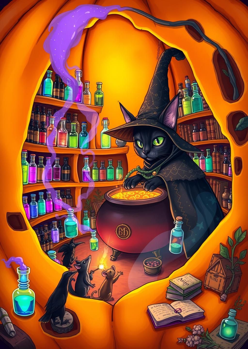 Witch Cat Magical Pumpkin Potion Brewery