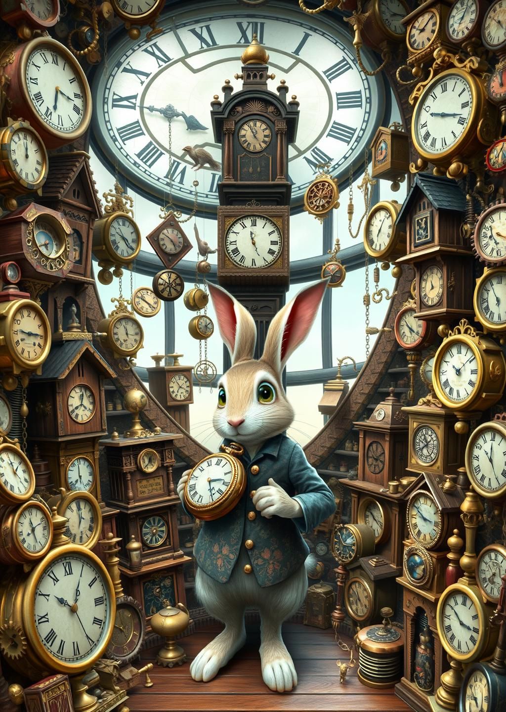 Rabbit Clockmaker Magical Time Tower Wallpaper