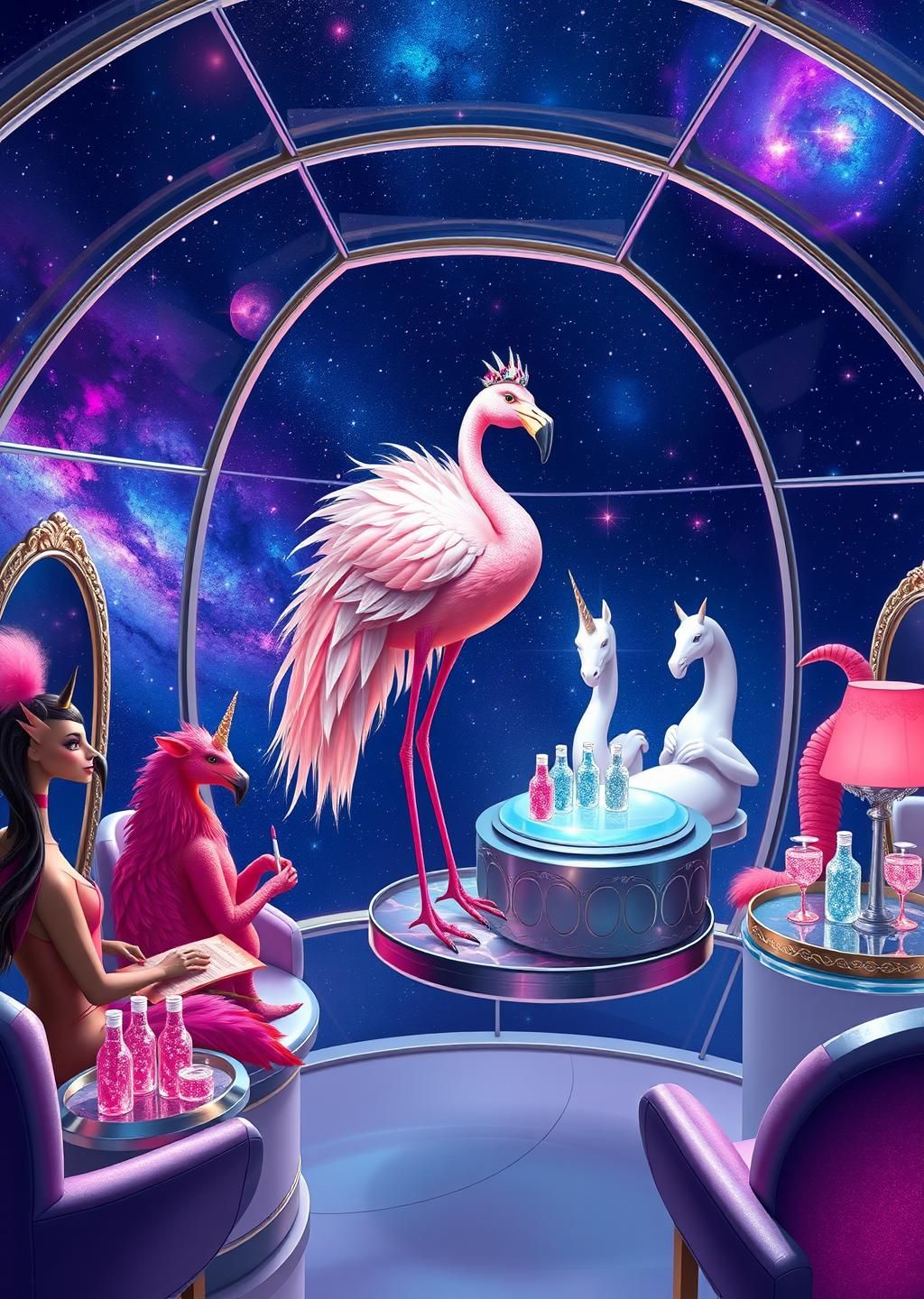 Glamorous Flamingo Space Nail Salon Wallpaper