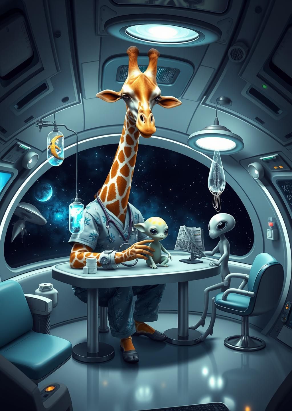 Giraffe Space Veterinarian Cosmic Clinic Wallpaper