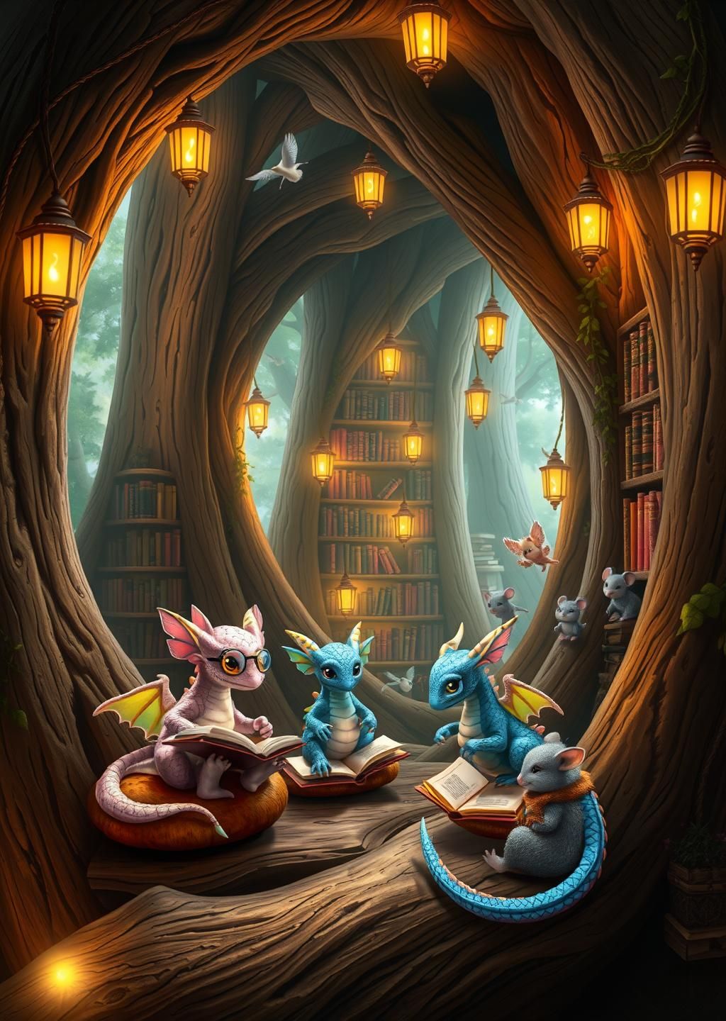 Magical Tree Library Dragons