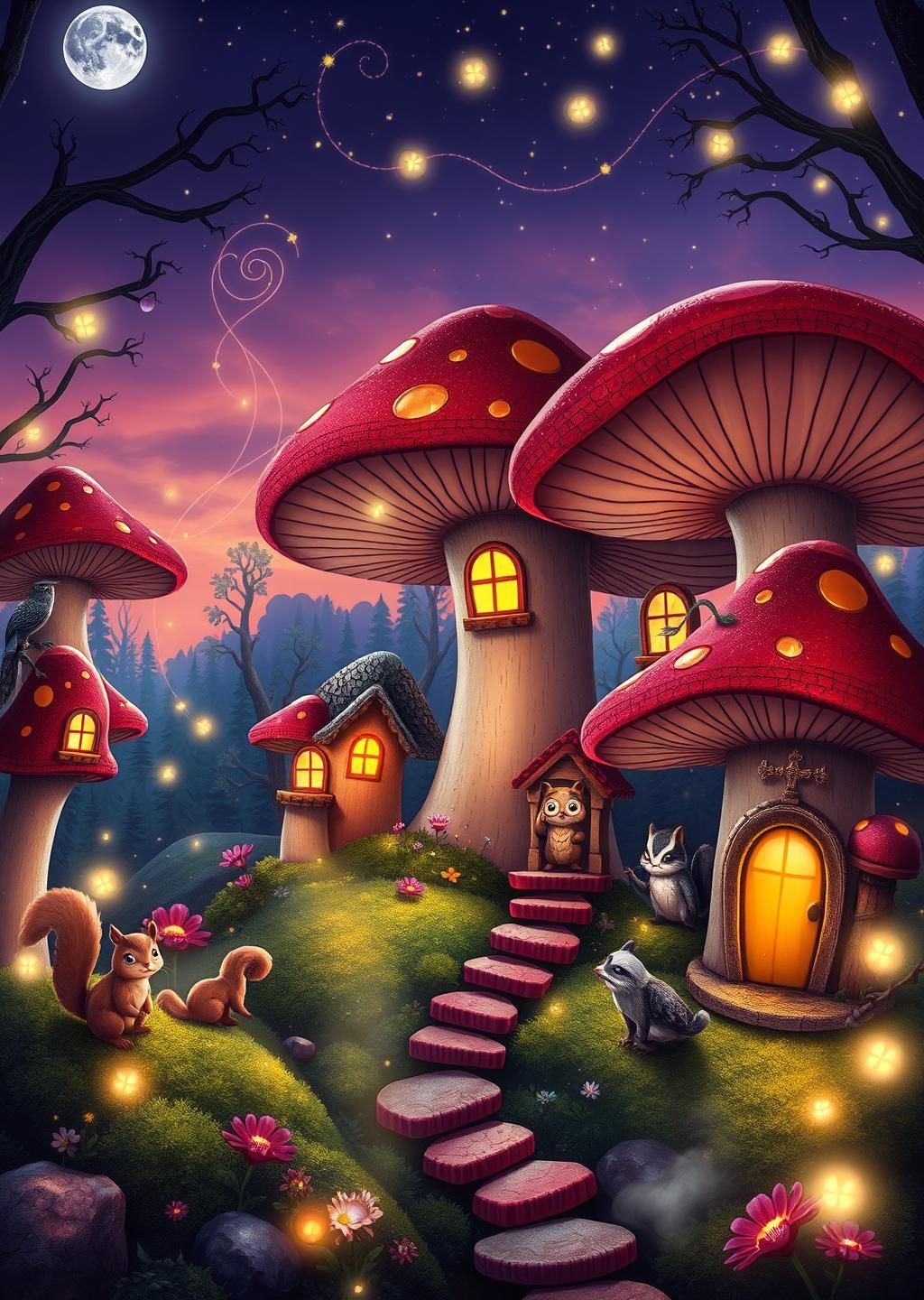 Enchanted Mushroom Village at Dusk