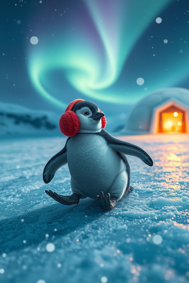 Baby Penguin Sliding in Snowy Wonderland Wallpaper