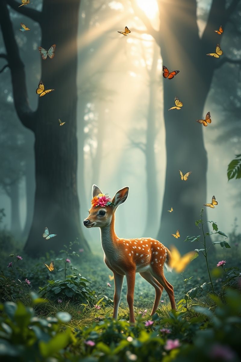 Flower Crown Deer in Magical Forest Wallpaper
