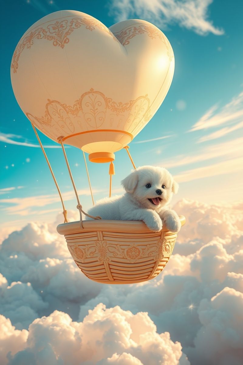Puppy in Heart Balloon Above Clouds Wallpaper