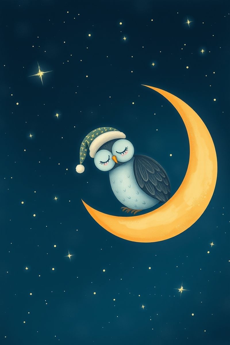 Sleepy Owl on Crescent Moon Night Wallpaper