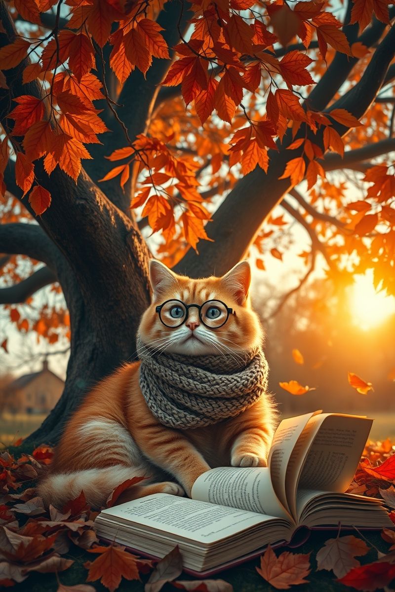 Autumn Cat Reading Under Tree Wallpaper