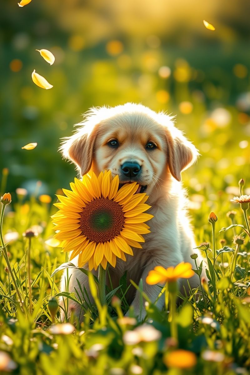 Golden Retriever Puppy with Sunflower Wallpaper