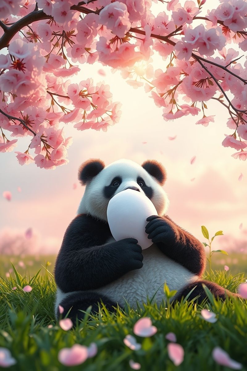 Cotton Candy Panda Under Cherry Blossoms Wallpaper