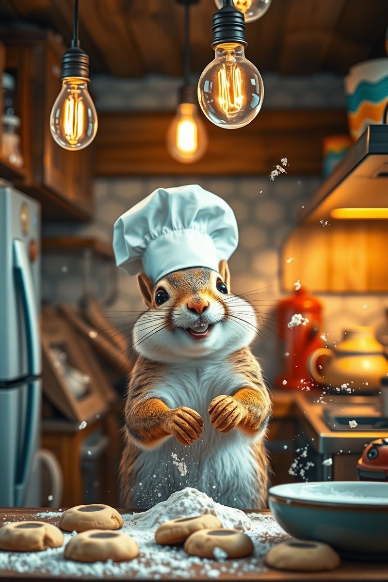 Squirrel Baking Cookies in Mini Kitchen Wallpaper