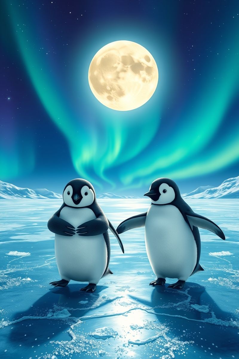 Penguin Couple Skating Under Moonlight Wallpaper