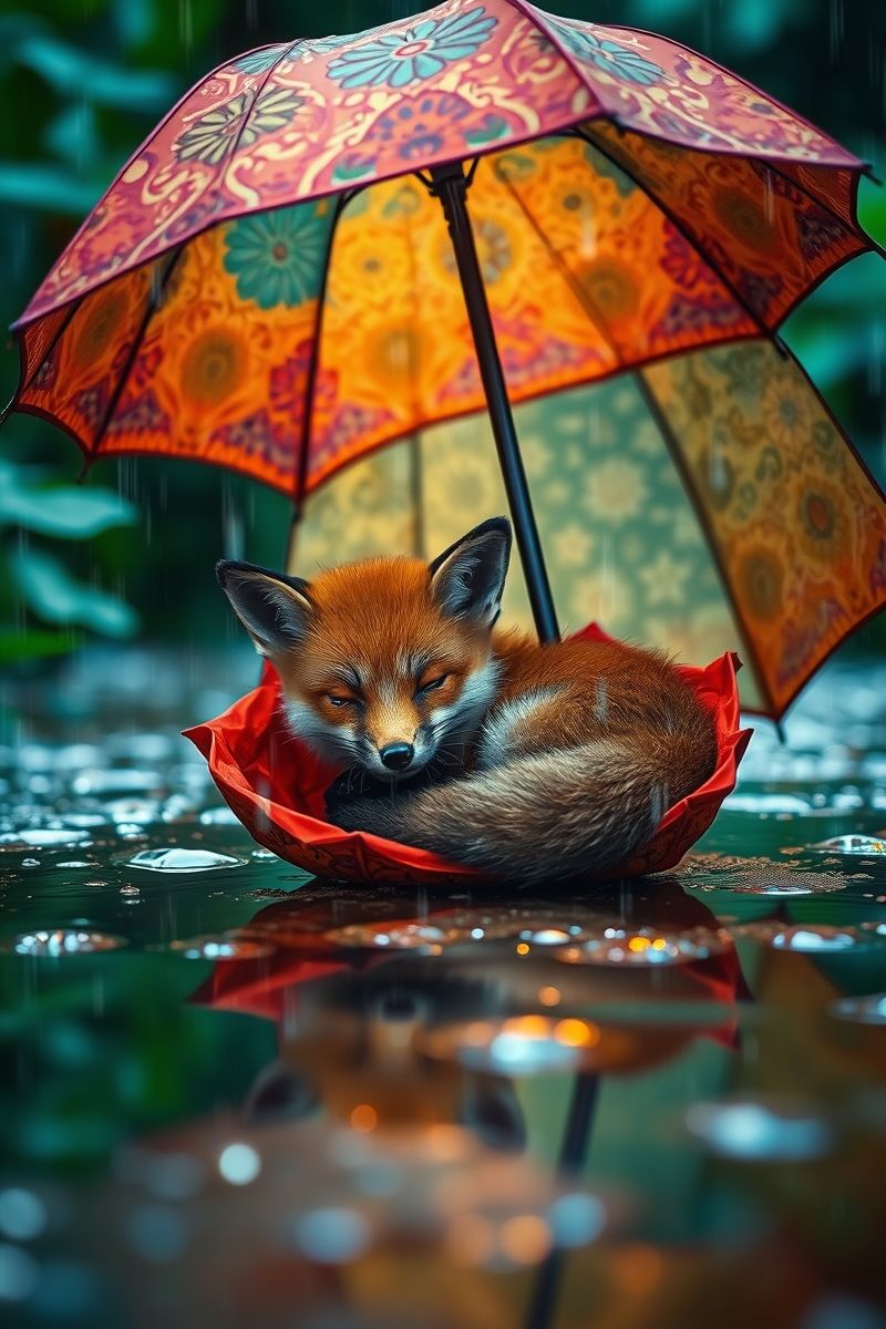 Fox in Umbrella During Rainfall Wallpaper