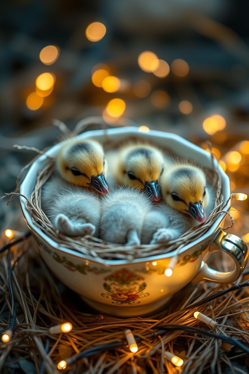 Ducklings in Teacup Nest with Fairy Lights Wallpaper