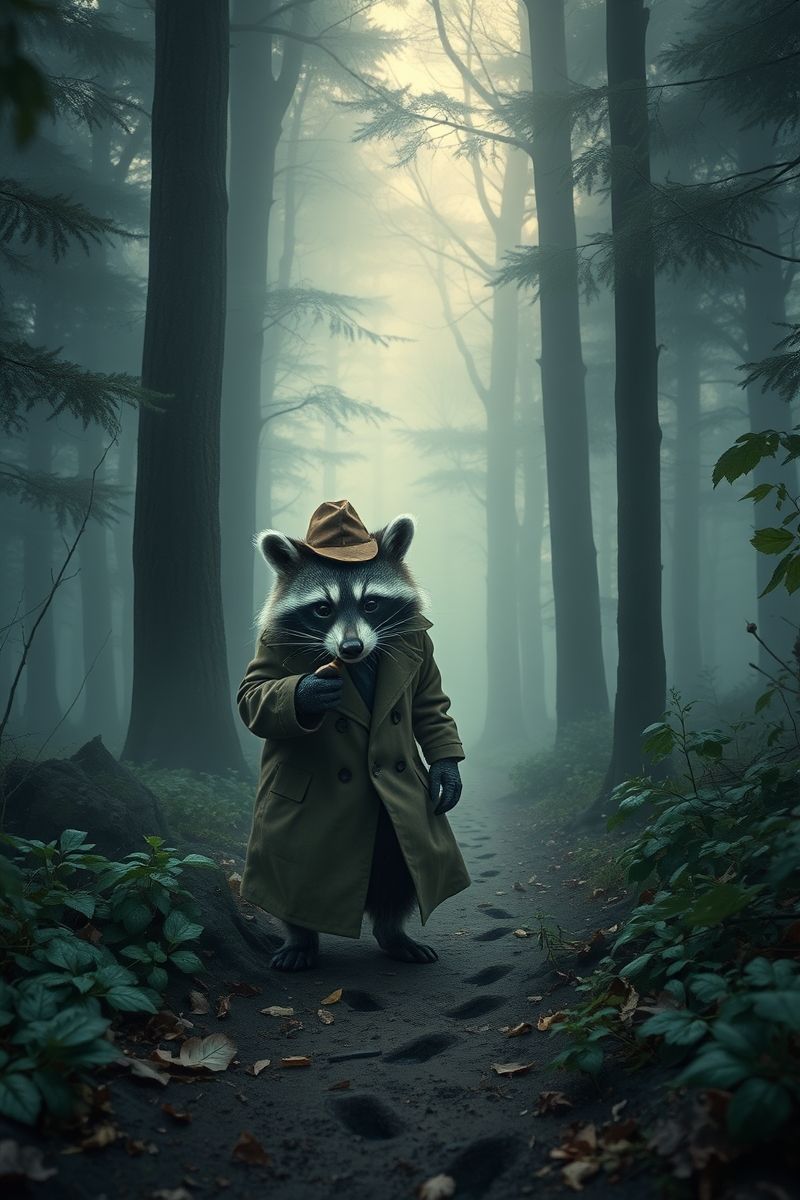 Detective Raccoon in Misty Woods Wallpaper