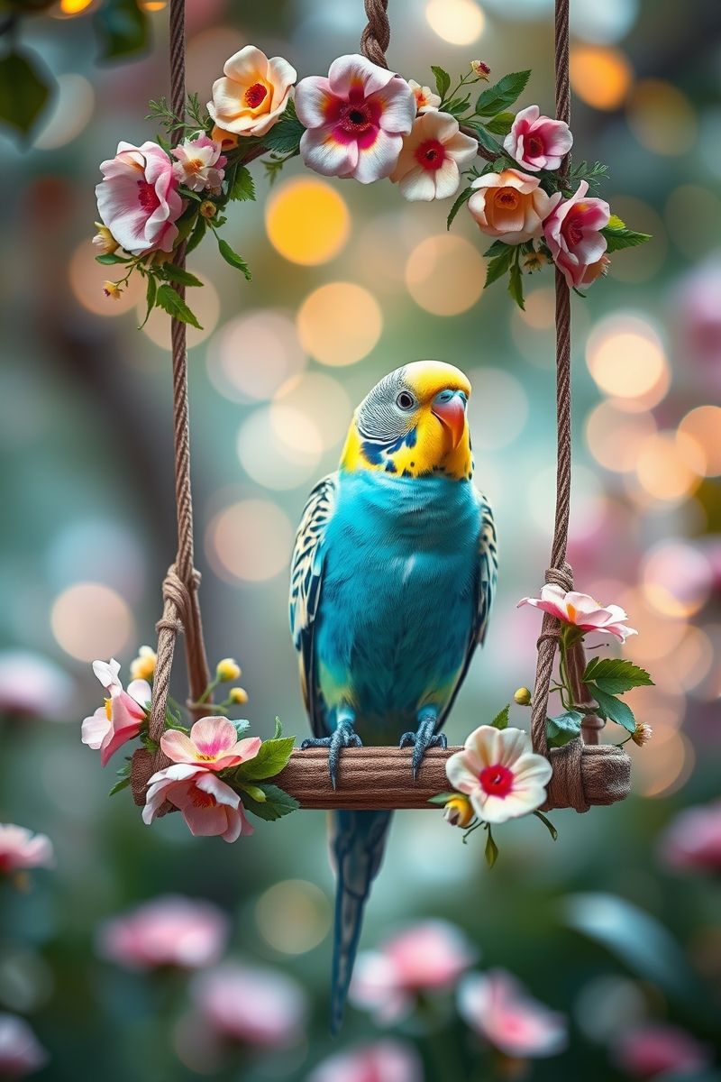 Budgie on Floral Swing in Enchanted Garden Wallpaper