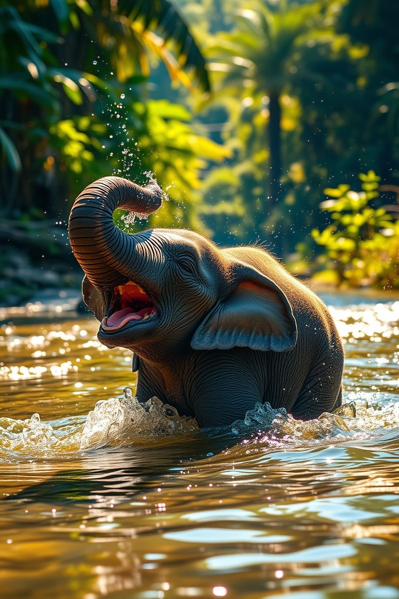 Joyful Baby Elephant Splashing in River Wallpaper