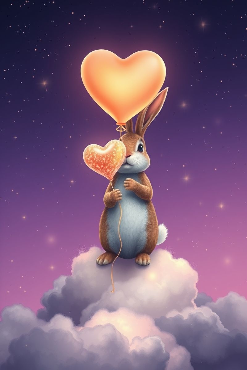 Cloud Bunny with Heart Balloon Night Sky Wallpaper