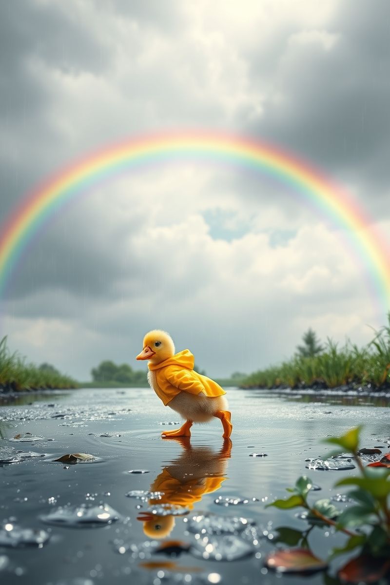 Duckling in Raincoat with Rainbow Puddles Wallpaper