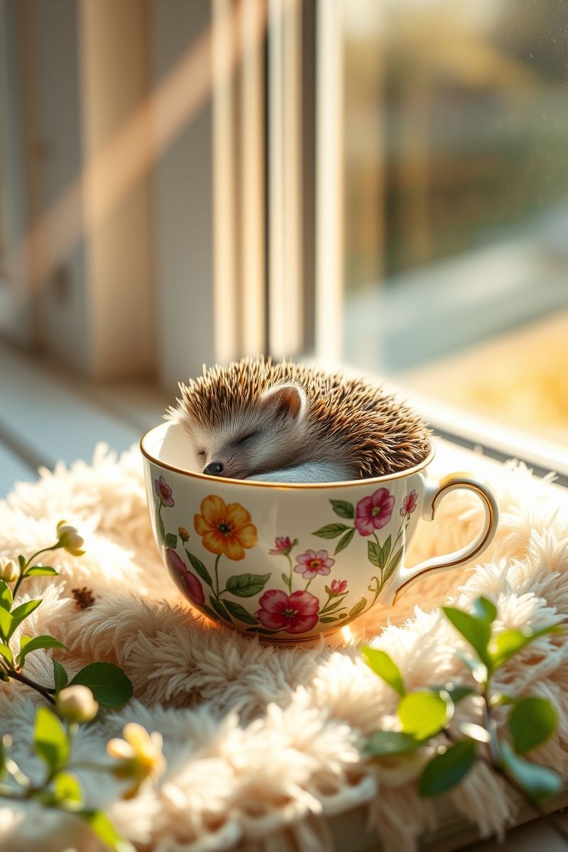 Teacup Hedgehog Napping by Sunny Window Wallpaper