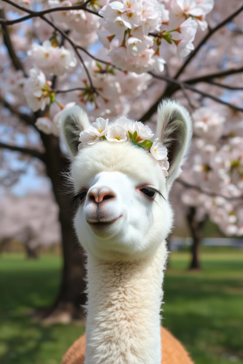 Alpaca with Flower Crown Under Blossoms Wallpaper