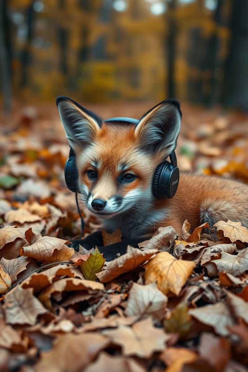 Music-Loving Fox in Autumn Leaves Wallpaper