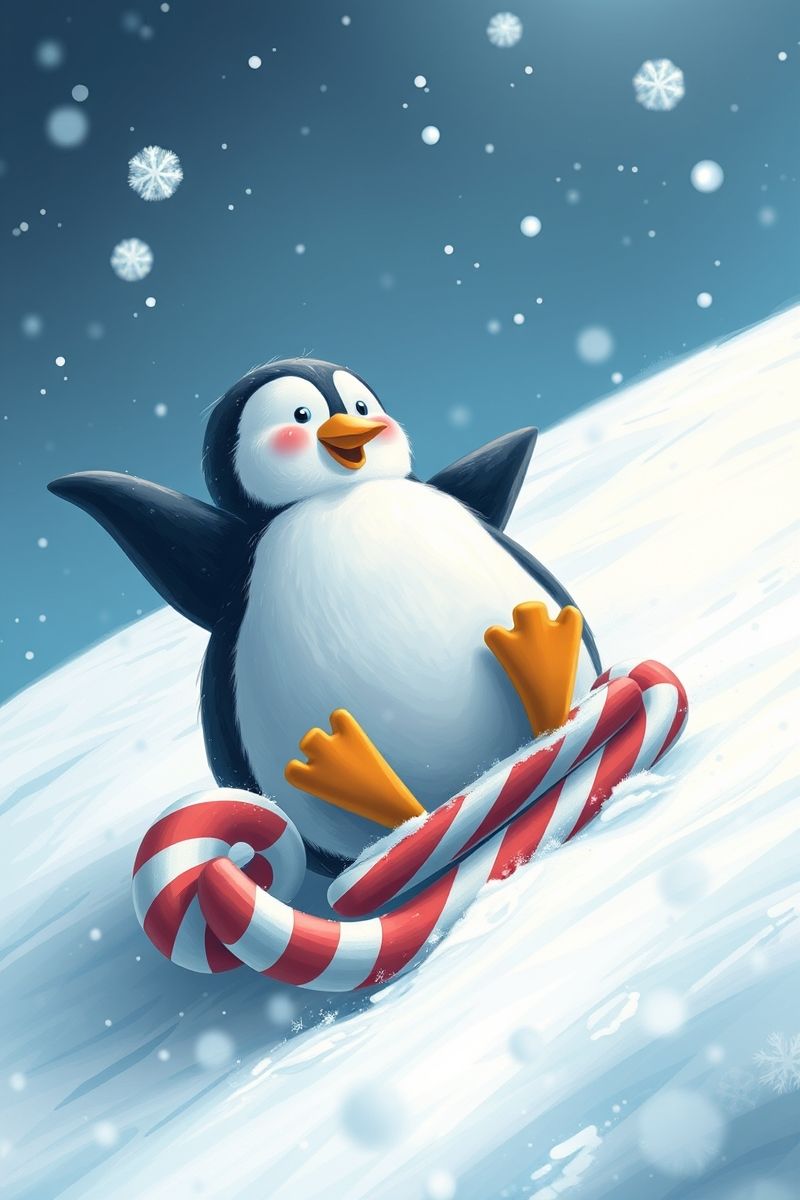 Penguin Sliding on Candy Cane Sled Wallpaper