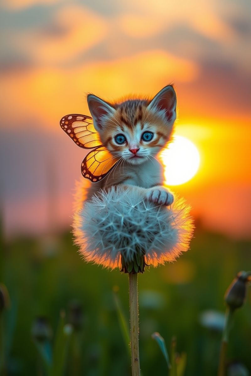 Fairy Kitten on Dandelion in Sunset Meadow Wallpaper