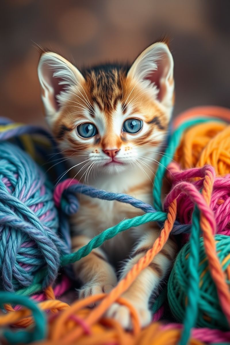 Yarn-Tangled Kitten in Soft Pastels Wallpaper