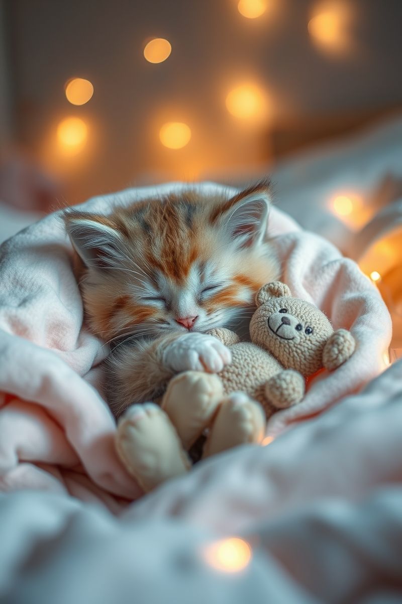 Cozy Kitten Dreaming with Teddy Bear Wallpaper