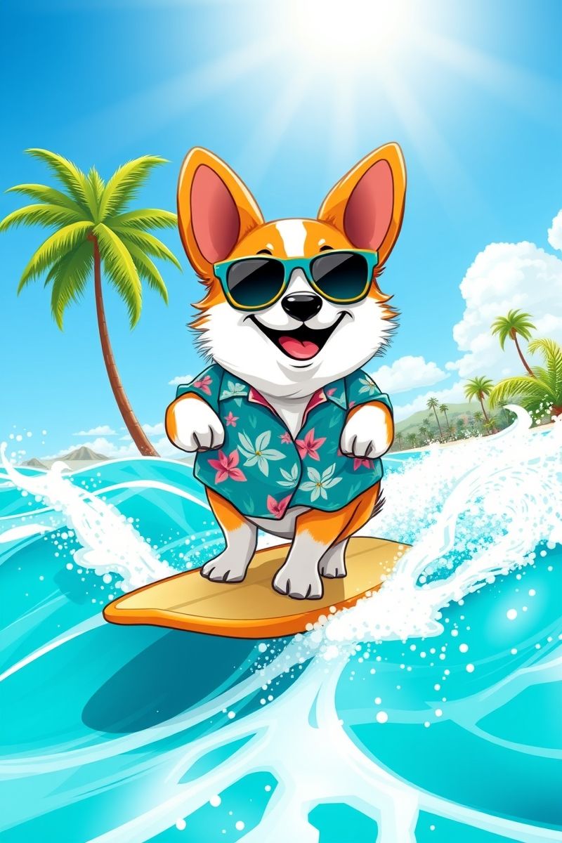 Cool Corgi Surfing the Summer Waves Wallpaper