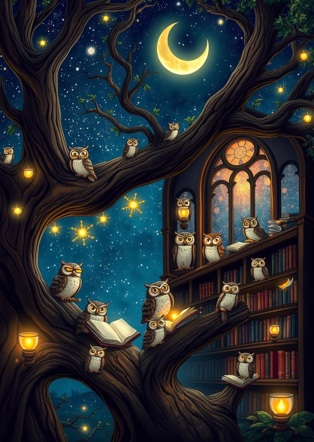 Magical Starry Night Owl Library