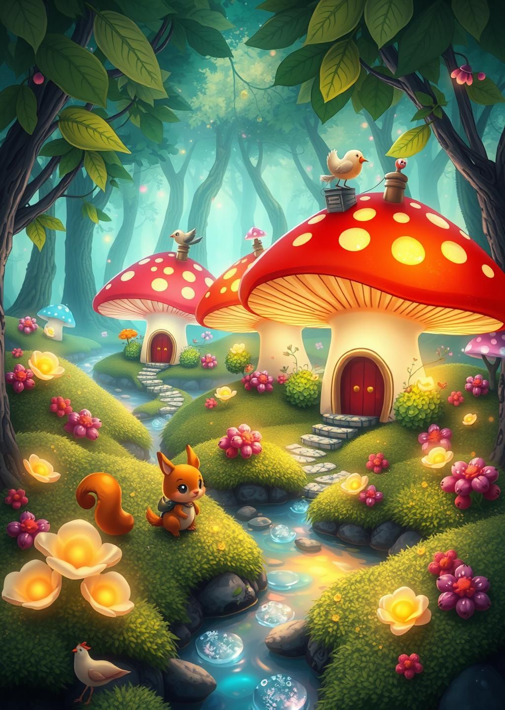Kawaii Fantasy Rainbow Mushroom Village