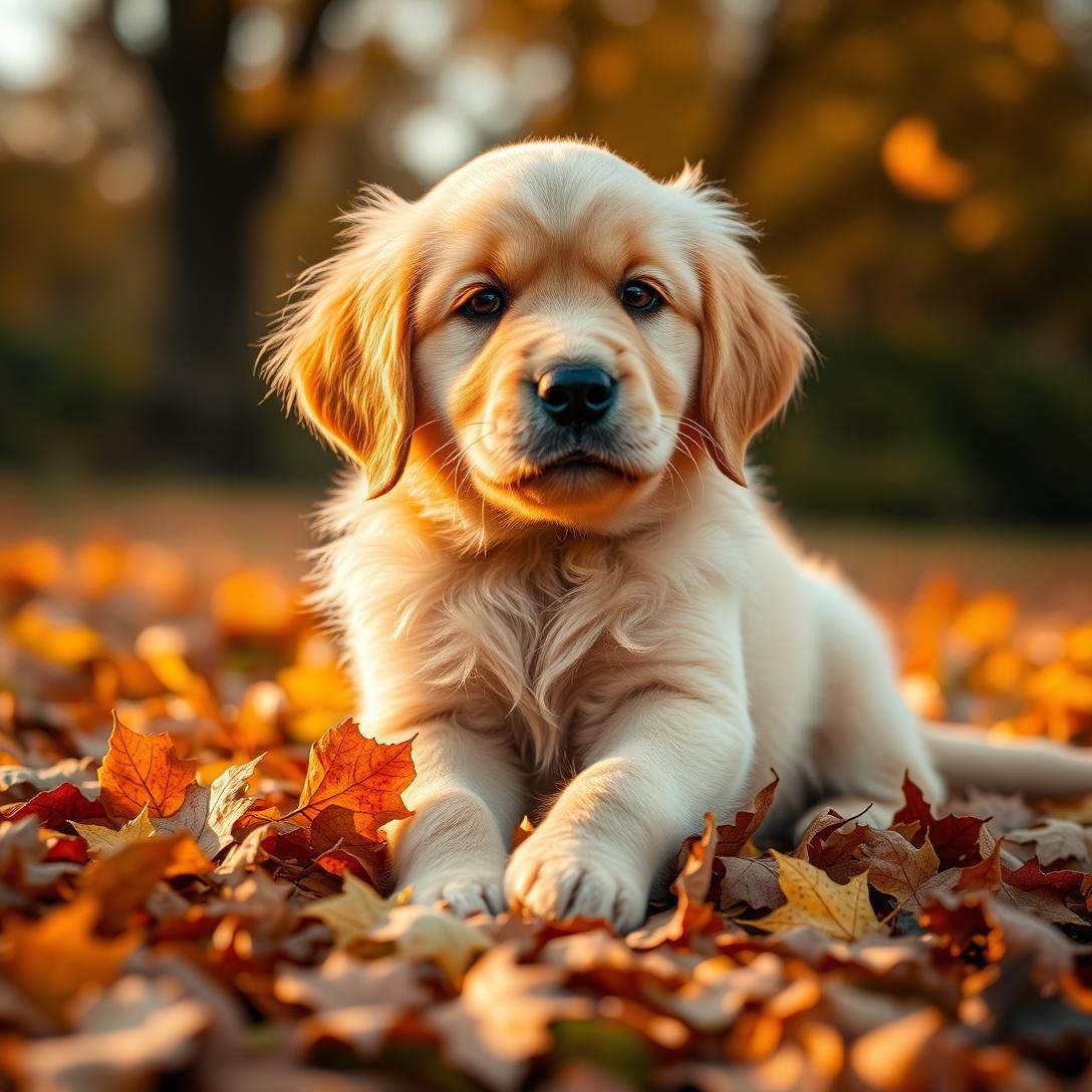 Photorealistic golden retriever puppy with soft fur playing in autumn leaves, warm golden hour lighting, shallow depth of field, 8k quality, professional pet photography style
