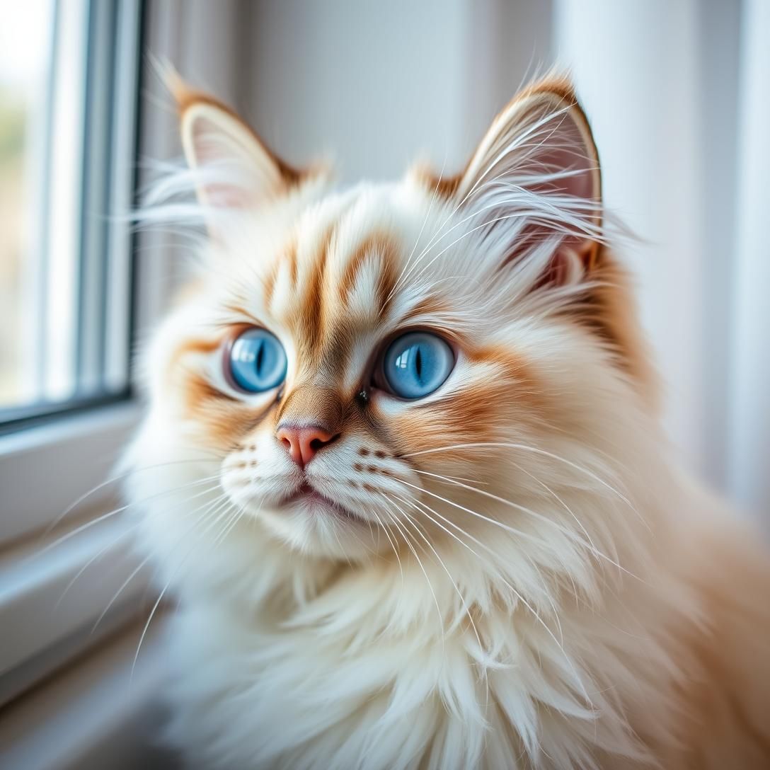 Close-up portrait of a fluffy Persian cat with bright blue eyes, soft diffused lighting, cream colored fur, sitting by a window, cinematic photography, highly detailed whiskers and fur texture