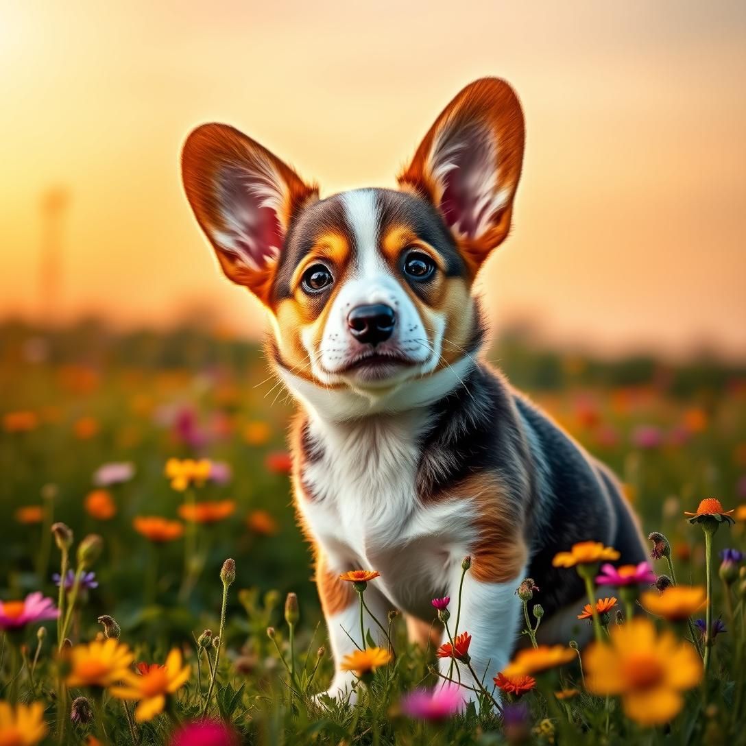Adorable Corgi puppy with big ears standing in a field of wildflowers, sunset backlight creating rim lighting, photorealistic style, vibrant colors, professional animal photography