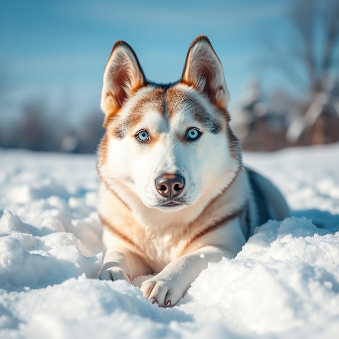 Siberian Husky with striking ice-blue eyes lying in fresh snow, winter wonderland background, crisp natural lighting, photorealistic fur texture, majestic pose, 4k quality