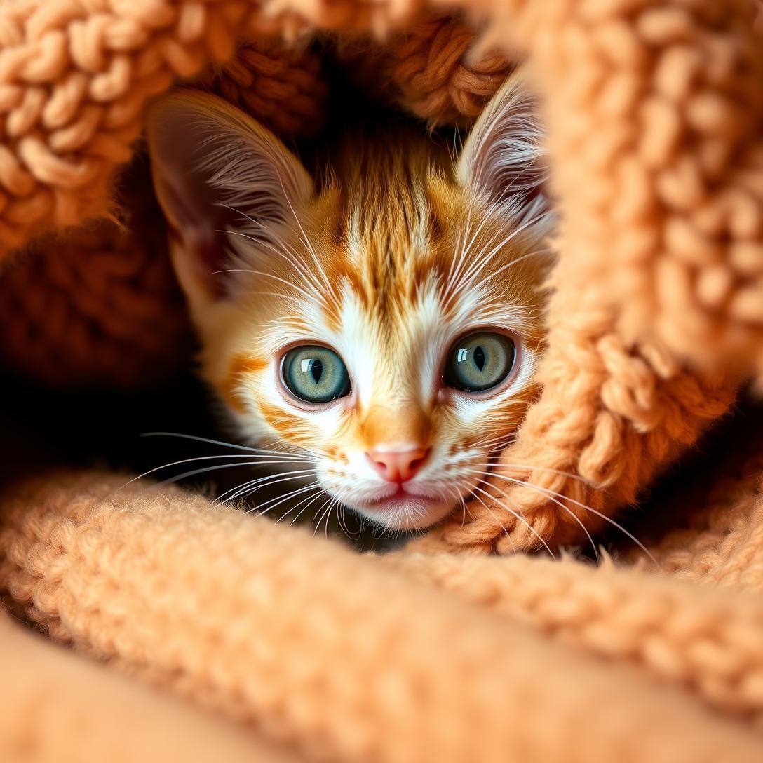 Tiny orange tabby kitten with green eyes peeking out from a cozy blanket, soft warm lighting, extremely cute expression, macro photography style, high detail