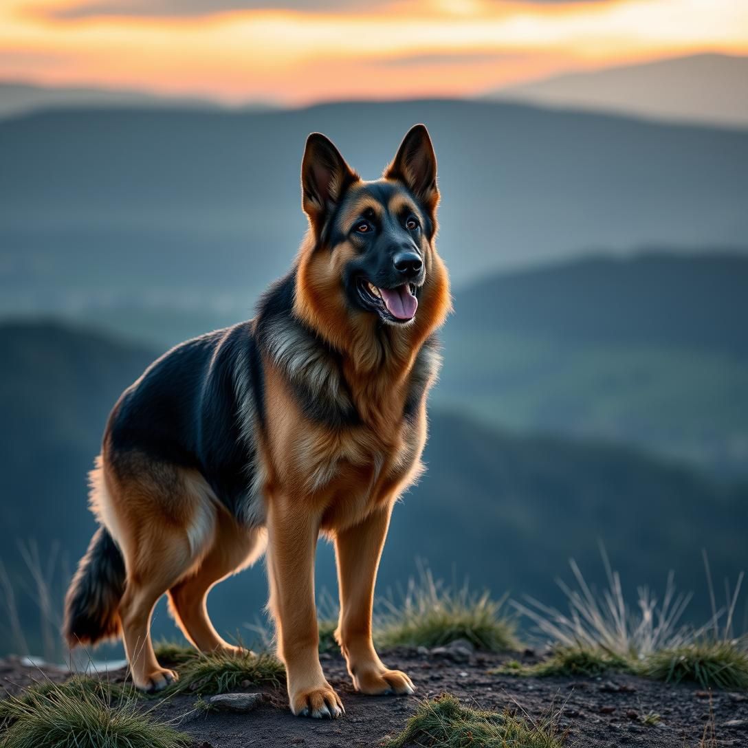 Majestic German Shepherd in an alert pose, standing on a hilltop at sunset, dramatic lighting, professional working dog photography, powerful and noble expression, 8k quality