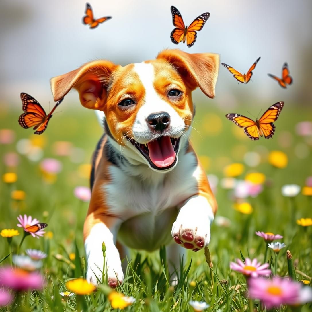 Playful beagle puppy chasing butterflies in a sunny meadow, action shot with motion blur on wings, vibrant spring colors, joyful expression, natural lighting, photorealistic