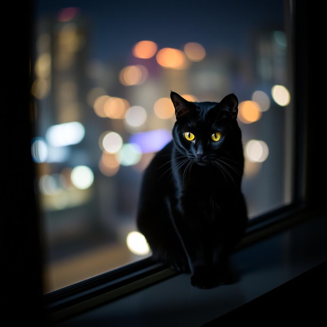 Elegant black cat with yellow eyes sitting on a windowsill at night, city lights bokeh in background, moody atmospheric lighting, sophisticated portrait, cinematic style