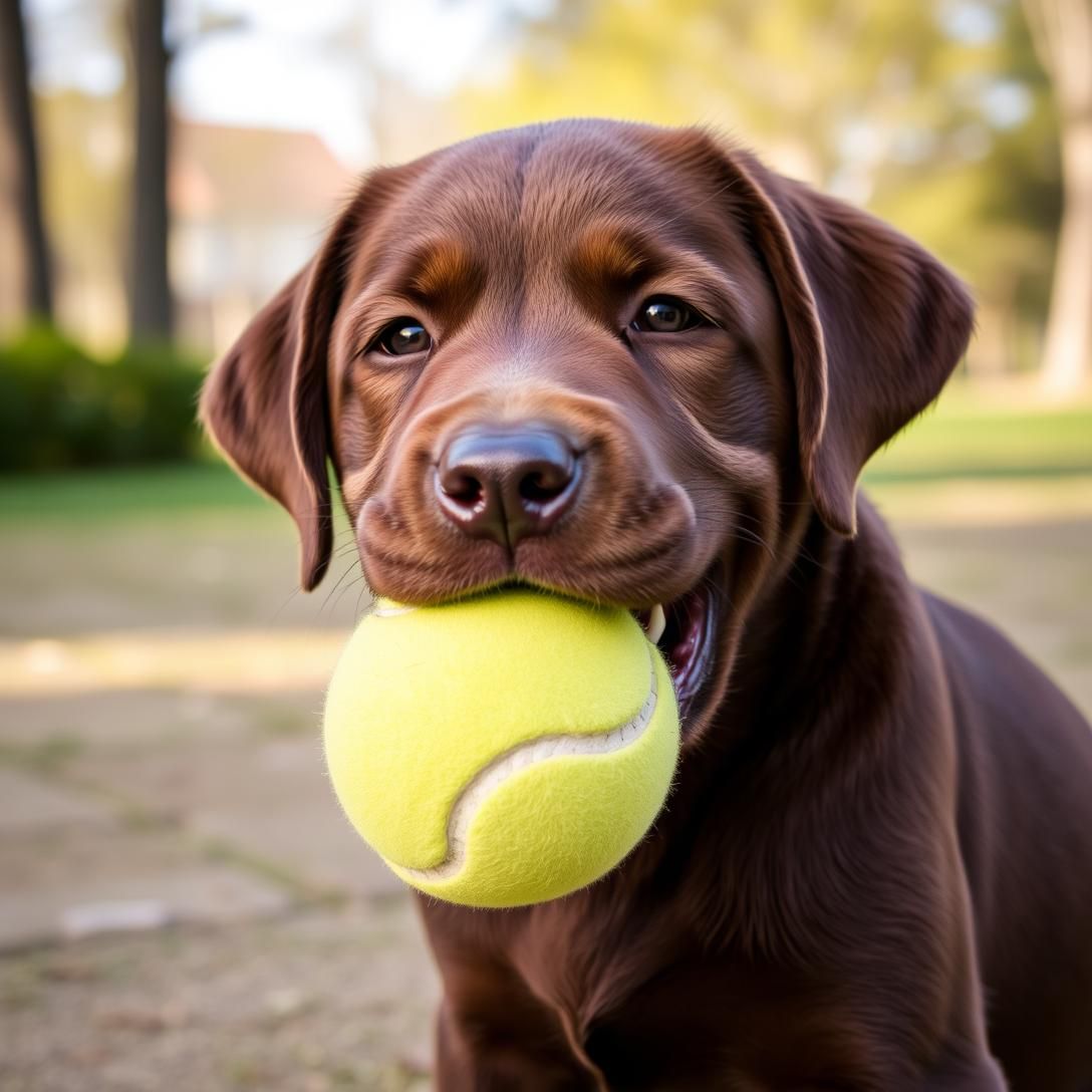 Labrador retriever puppy with chocolate brown fur holding a tennis ball in mouth, happy expression, outdoor park setting, natural daylight, professional pet photography, high detail