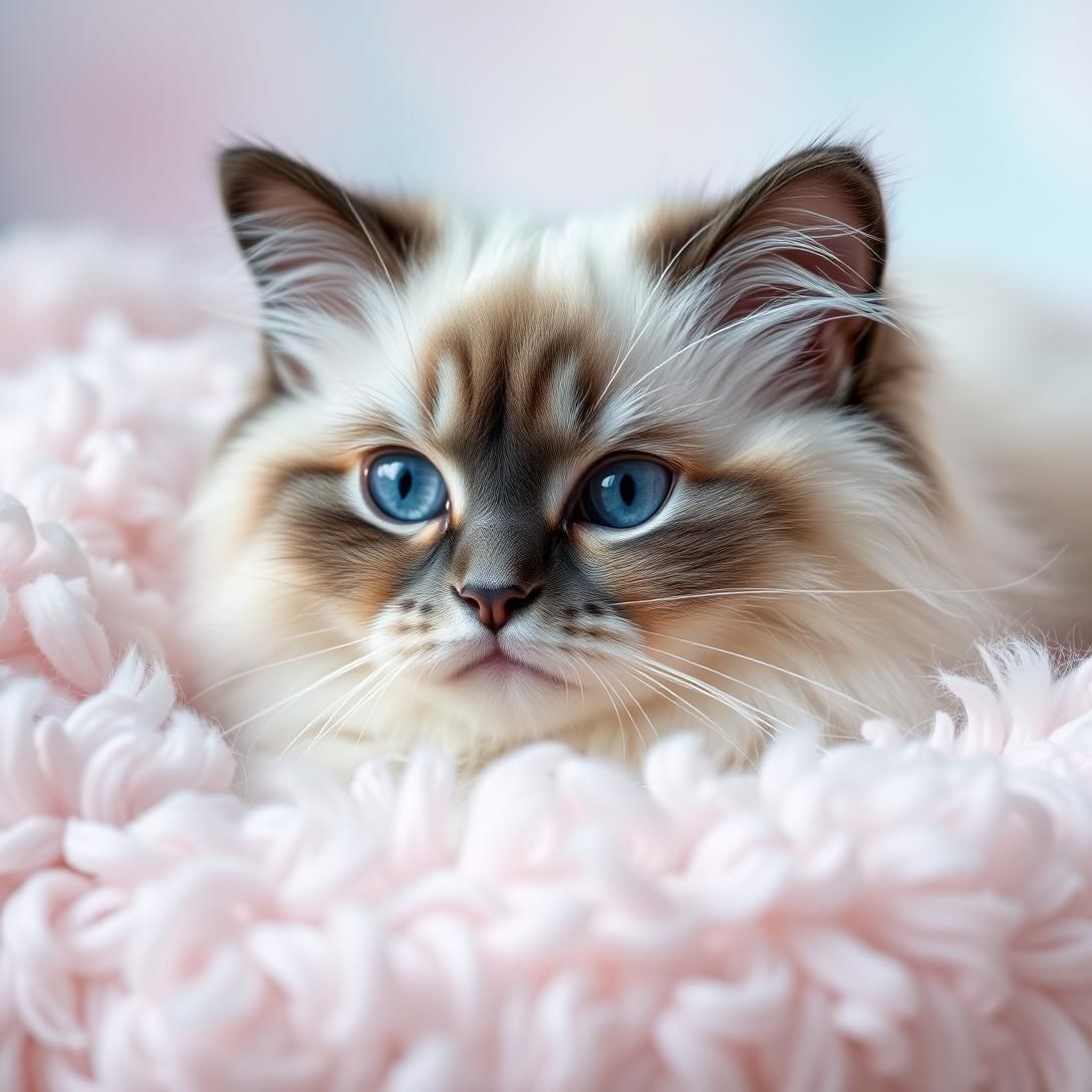 White and grey Ragdoll cat with striking blue eyes lying on a fluffy cloud-like bed, soft pastel background, dreamy lighting, ultra-fluffy fur texture, peaceful expression, high quality