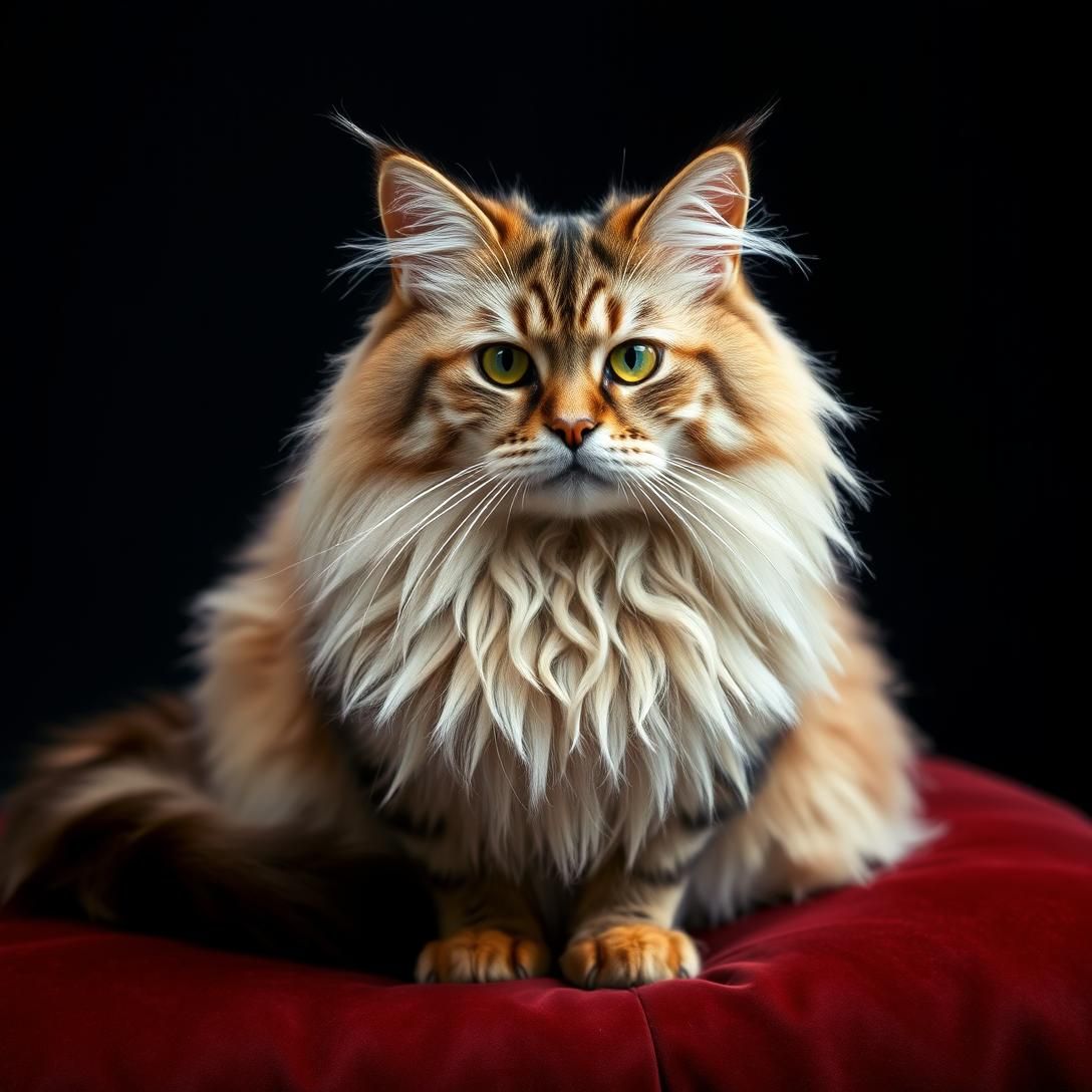 Maine Coon cat with magnificent long fur and tufted ears, sitting like royalty on a velvet cushion, regal pose, dramatic studio lighting, majestic presence, 8k detail