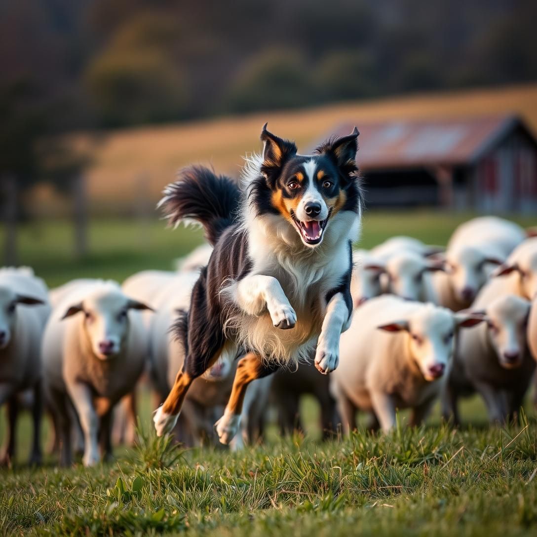 Border Collie in action herding sheep, mid-jump over grass, intense focused expression, rural farm landscape, dynamic motion photography, sunset lighting, professional quality