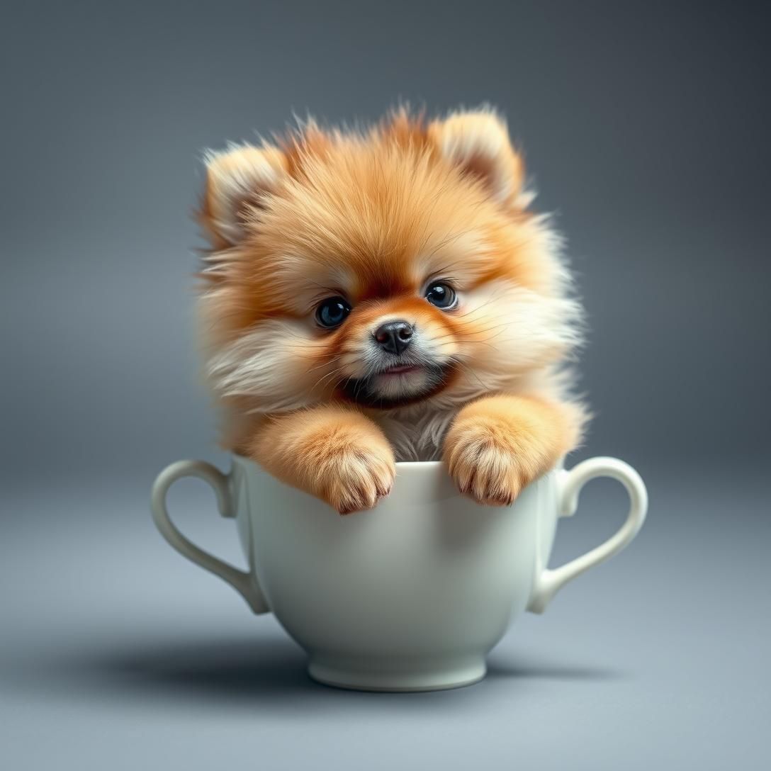 Tiny Pomeranian puppy that looks like a fluffy teddy bear, sitting in a teacup, caramel colored fur, soft studio lighting, extremely cute and small, high detail, professional pet portrait