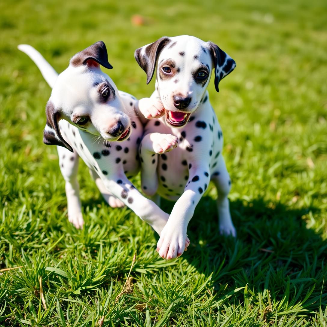 Two Dalmatian puppies playing together on green grass, spots perfectly visible, playful interaction, bright sunny day, energetic scene, professional action photography, high detail