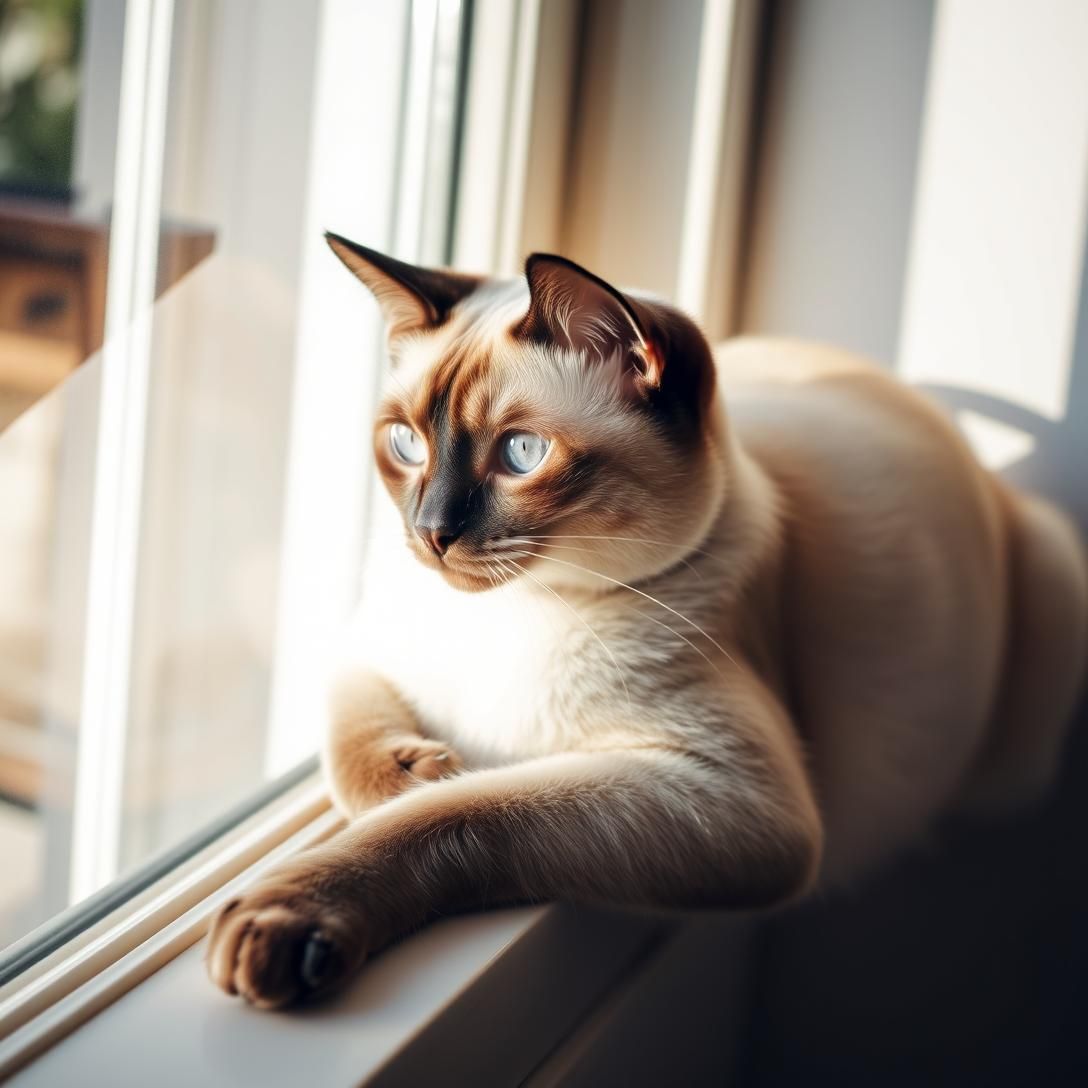 Siamese cat with distinctive color points and blue eyes lounging on a sunny window perch, elegant pose, warm natural lighting, sleek fur visible, sophisticated portrait