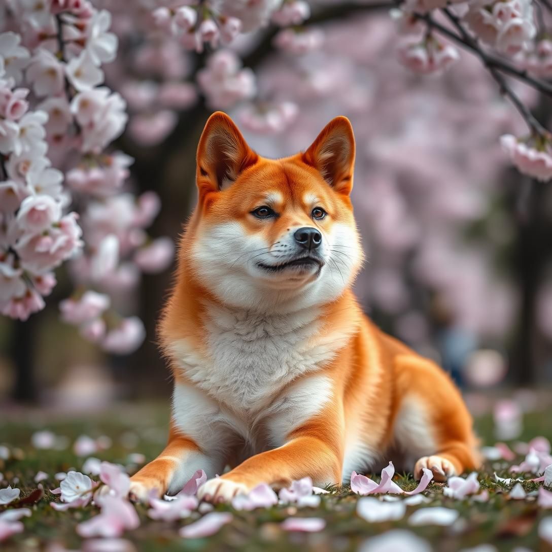 Shiba Inu with fox-like appearance sitting in cherry blossom park, petals falling around, serene expression, spring season, soft diffused lighting, Japanese aesthetic, photorealistic